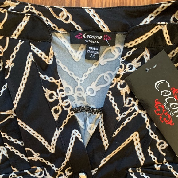 COCOMO 2X Black Beige 3/4 sleeve Plus Size women's Pintuck Blouse tunic - Picture 8 of 11